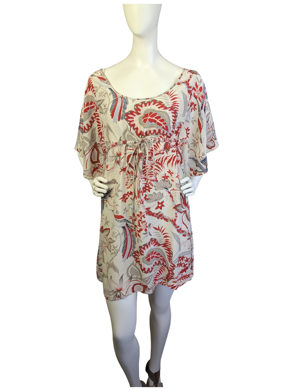 Margit Brandt 100% Silk Floral Boho Dress Batwing Sleeve Empire Waist Size M - Picture 2 of 10